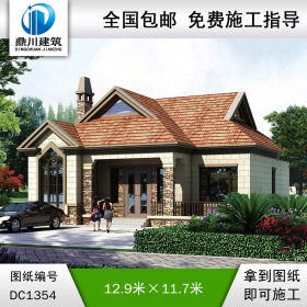 欧式一层带阁楼别墅效果图及施工图纸_农村自建别墅设计,鼎川建筑