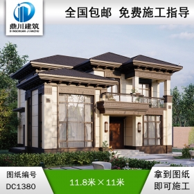 新中式二层别墅效果图及施工图纸_农村自建别墅设计,鼎川建筑