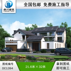中式三层带大门围墙别墅效果图及施工图纸_农村自建别墅设计,鼎川建筑