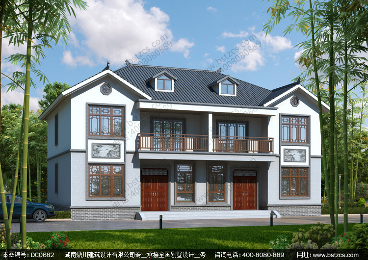 新中式二层双拼自建房屋设计效果图_农村兄弟别墅设计图纸,鼎川建筑
