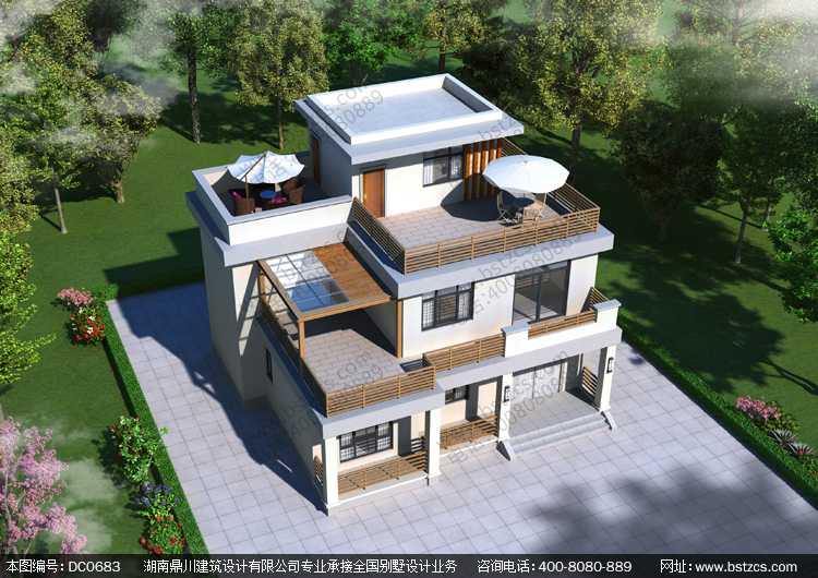 现代大气三层平屋顶别墅效果图及施工图_农村三层自建房子设计图纸